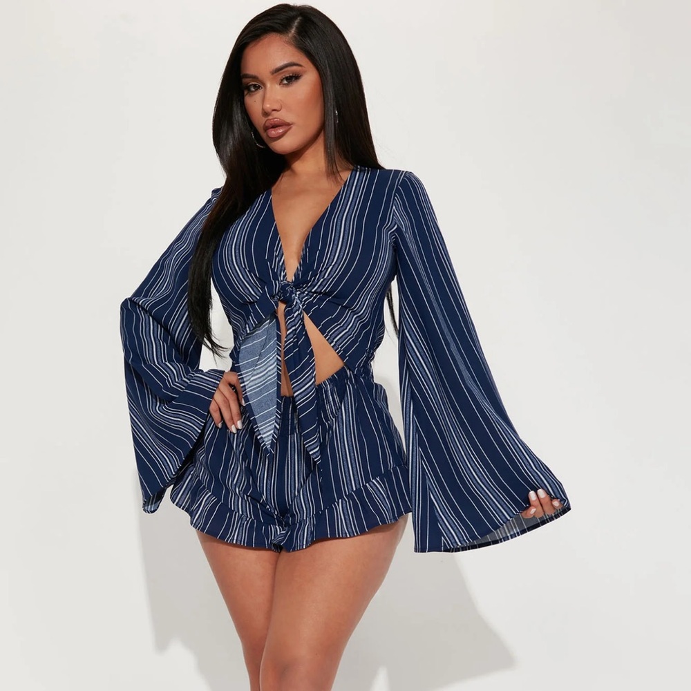 Fashion Nova Striped Navy Romper